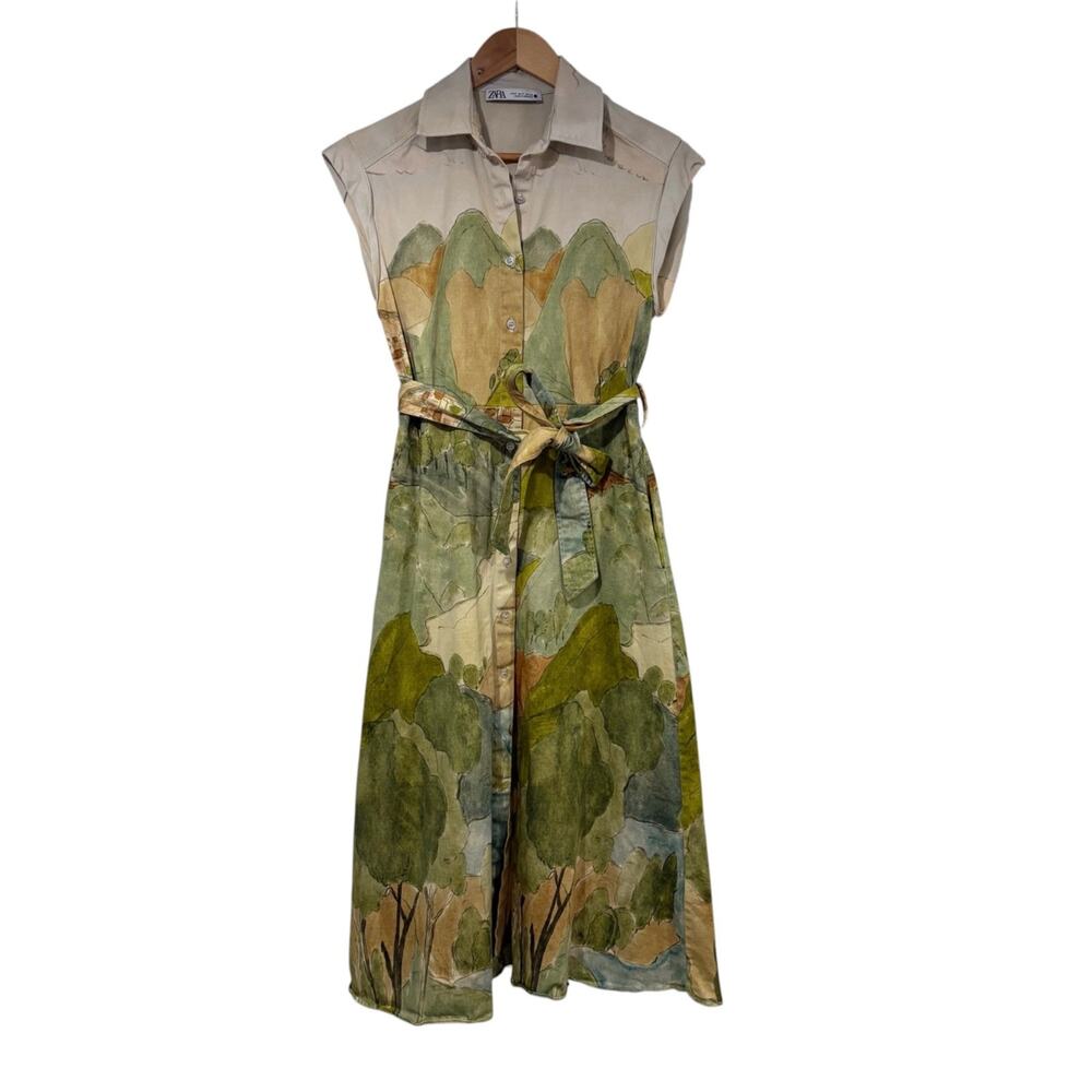 Zara Landscape Print Shirt Dress Tie Waist Midi Button Front Nature Scenic Small